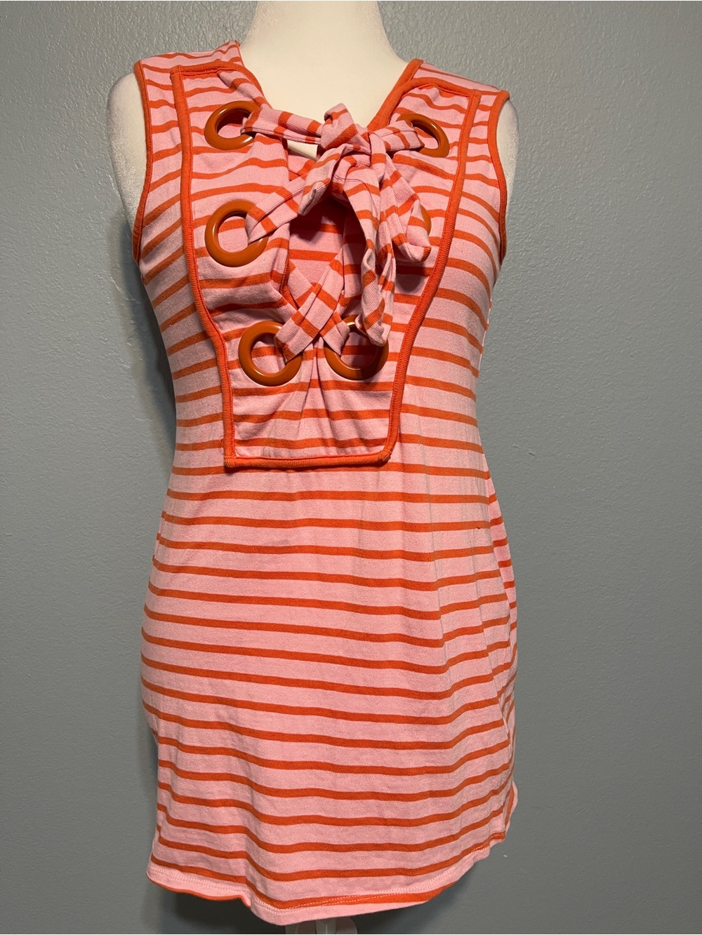 English Factory Orange Pink Coral Striped Lace-Up V-Neck Sleeveless Dress Medium - Picture 3 of 8